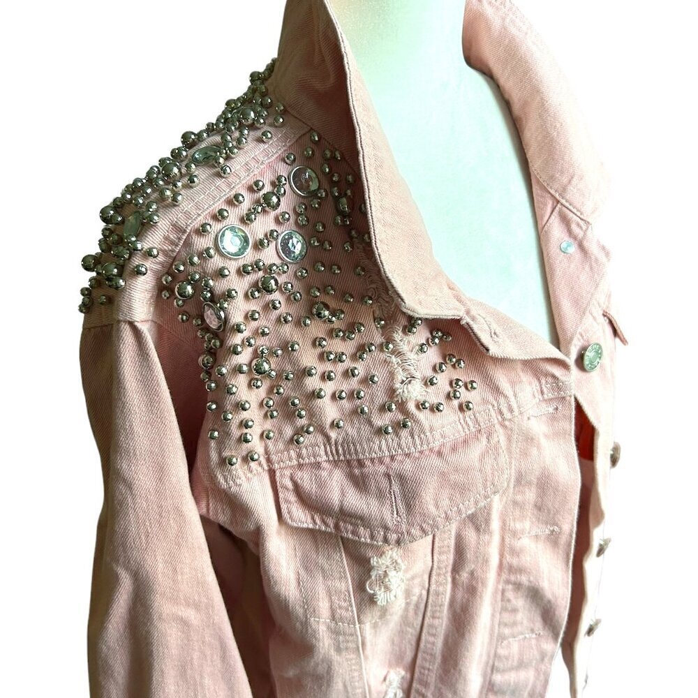 Unique Beaded Pink Distressed Denim Jacket US M